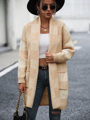 Checkmate Pocketed Knit Cardigan - Beige
