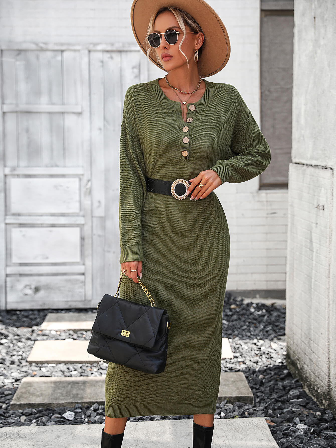 Massey Knit Midi Sweater Dress - Olive