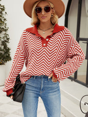 Benji Zig Zag Striped Batwing Sleeve Sweater - Red