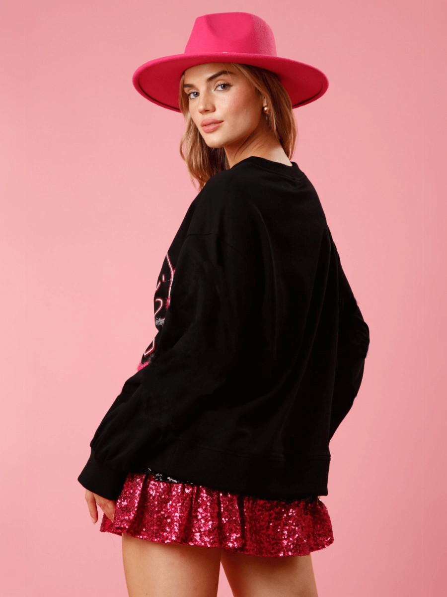 Love You Sequins Glitter Sweater - Black