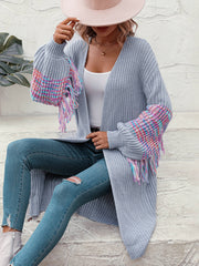 Desert Dreams Knit Fringe Hem Sleeve Cardigan - Grey