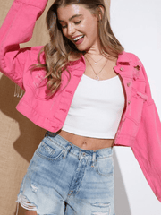 BACK TASSEL SEQUINS RIBBED DENIM JACKET - PINK