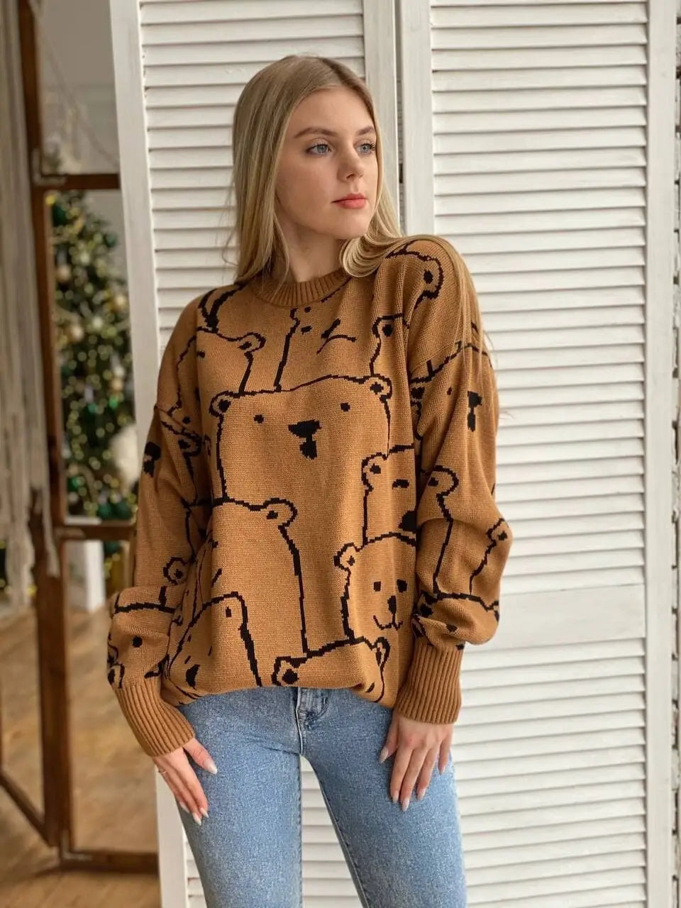 Smiley Polar Bear Brown Knit Sweater Dress