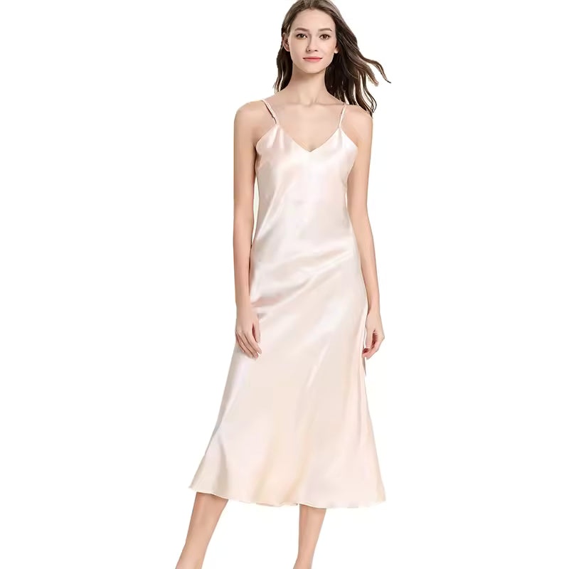 Casual Long Solid Color Slip Sleep Dress Silk V Neck Sleepwear