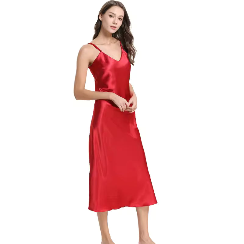 Casual Long Solid Color Slip Sleep Dress Silk V Neck Sleepwear