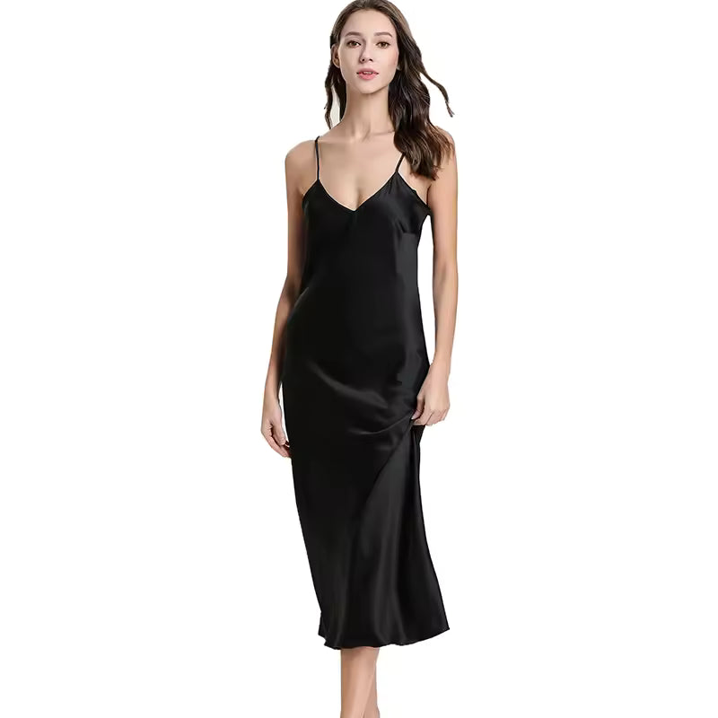 Casual Long Solid Color Slip Sleep Dress Silk V Neck Sleepwear