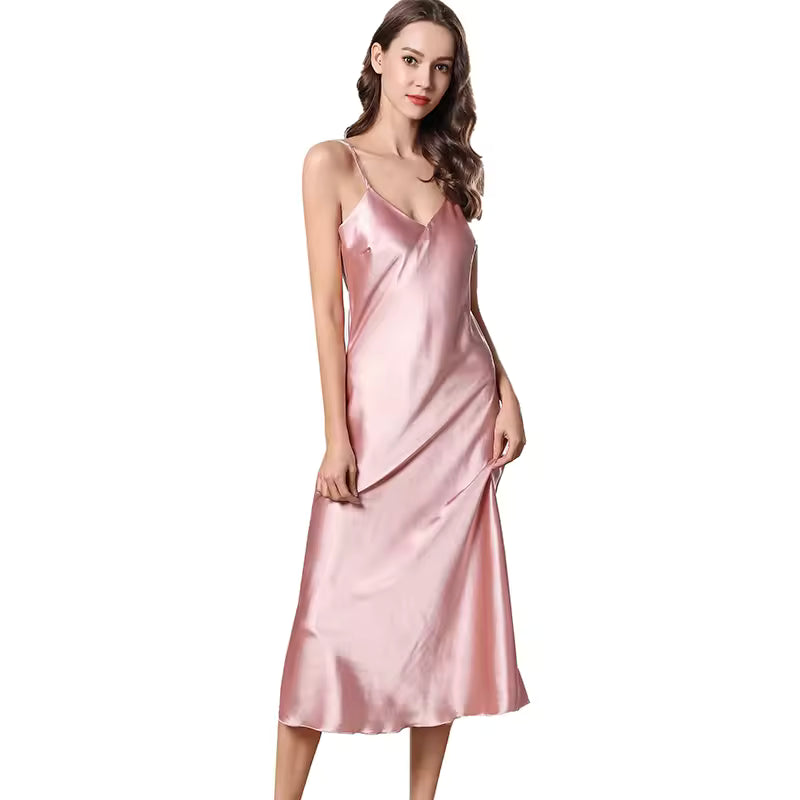 Casual Long Solid Color Slip Sleep Dress Silk V Neck Sleepwear