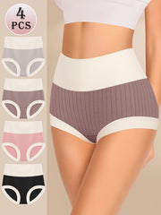 4pcs Comfortable Cotton High Waisted Clashing Colors Shape Panties