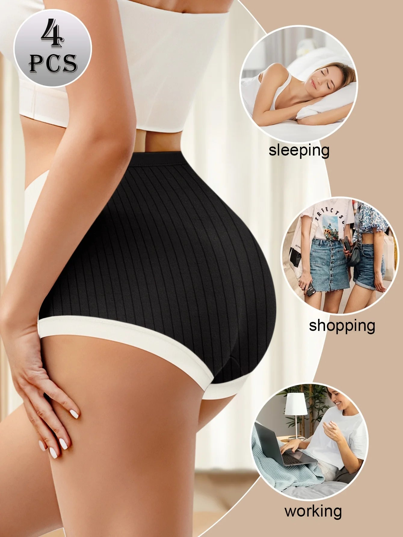 4pcs Comfortable Cotton High Waisted Clashing Colors Shape Panties