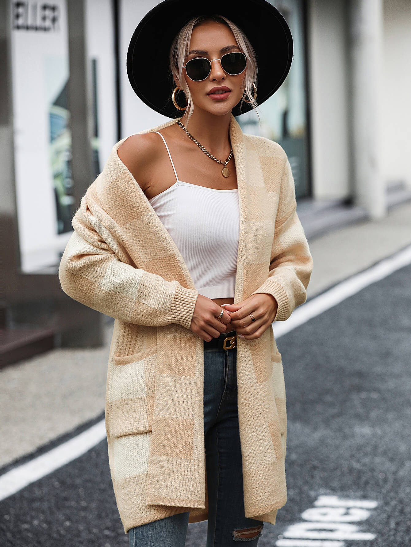 Checkmate Pocketed Knit Cardigan - Beige