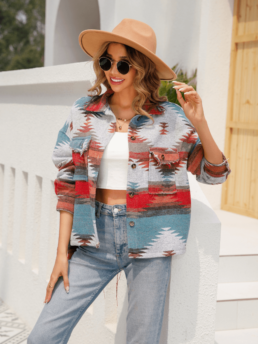 ZION DISTRESSED BUTTON DOWN SHACKET - MULTI
