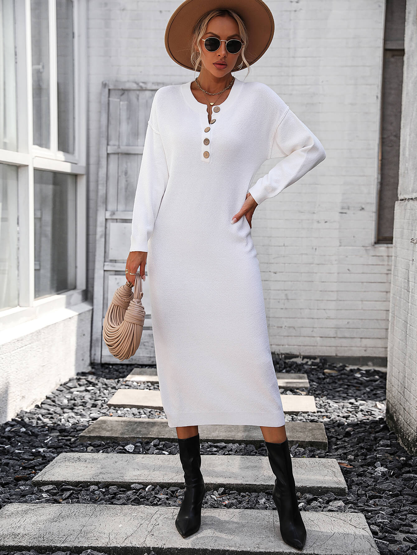 Massey Knit Midi Sweater Dress - White