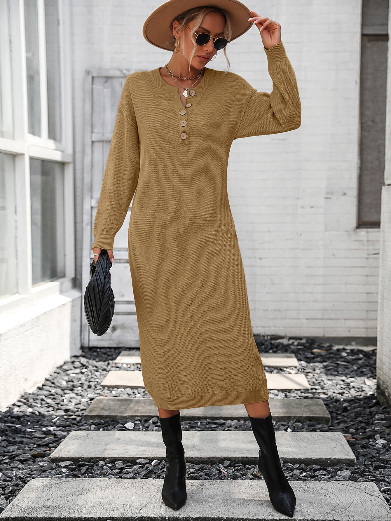 Massey Knit Midi Sweater Dress - Khaki