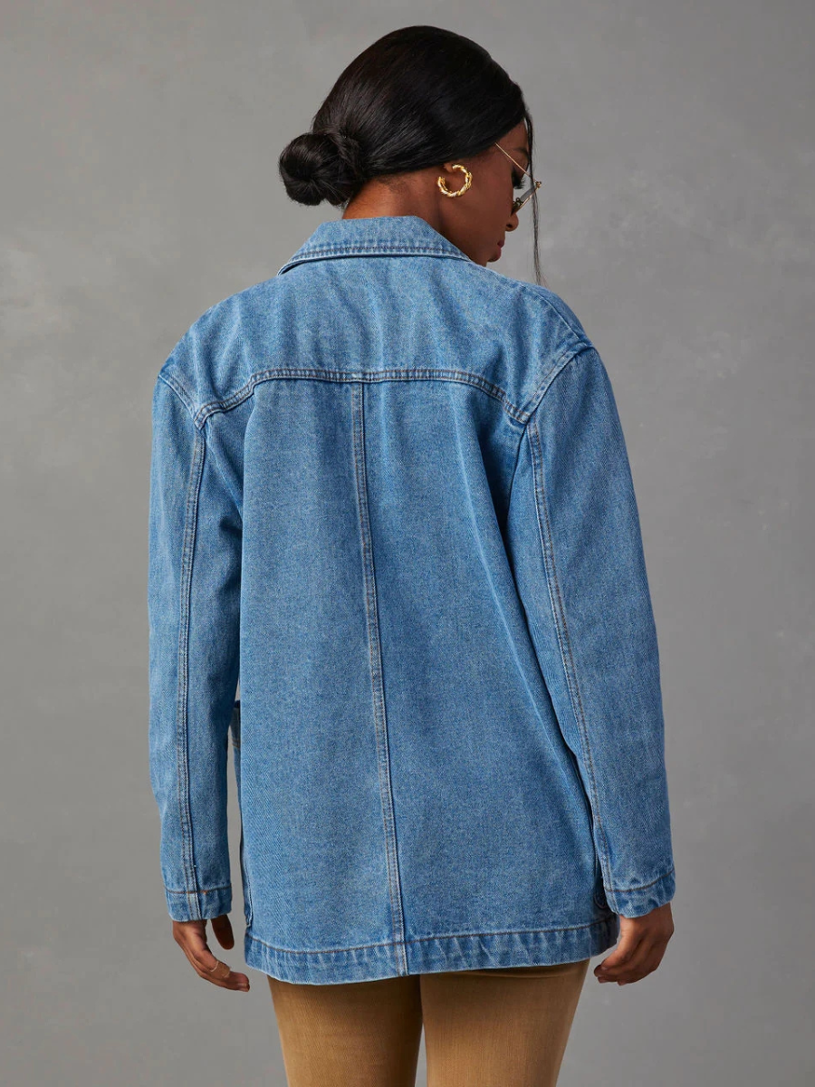 Dynever Pocketed Denim Blazer - Denim Blue