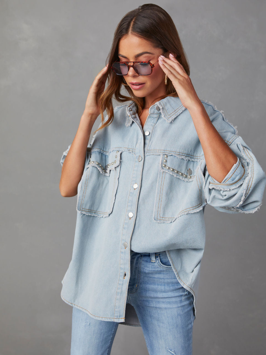Rock Doll Frayed Denim Shacket - Wash Blue