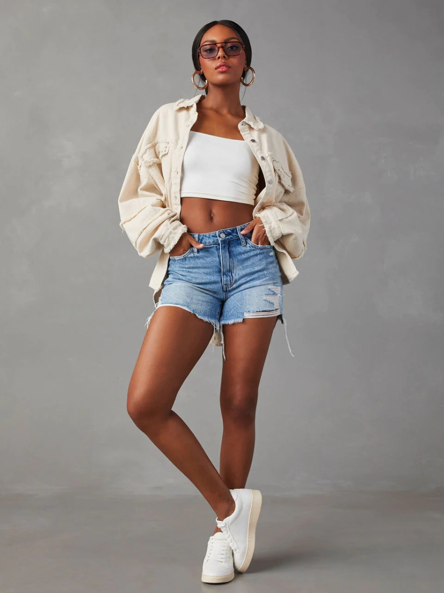 Rock Doll Frayed Denim Shacket - Beige