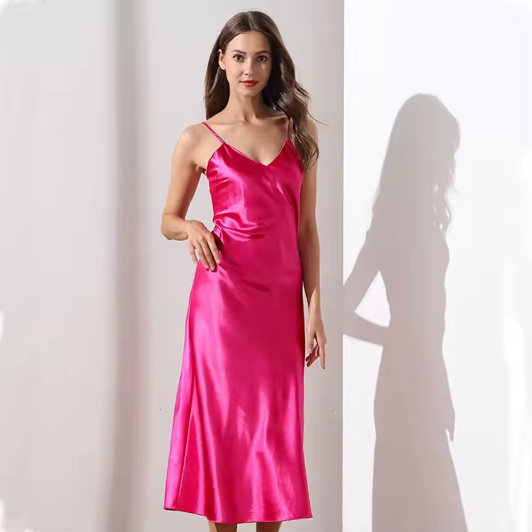 Casual Long Solid Color Slip Sleep Dress Silk V Neck Sleepwear
