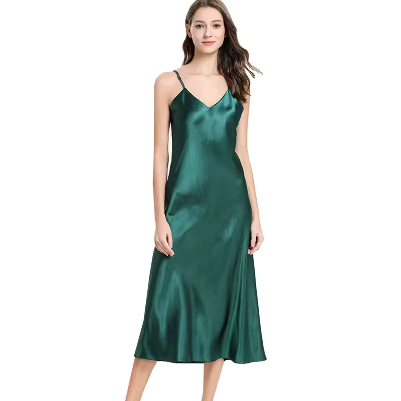 Casual Long Solid Color Slip Sleep Dress Silk V Neck Sleepwear