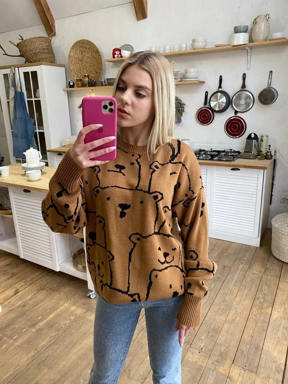 Smiley Polar Bear Brown Knit Sweater Dress