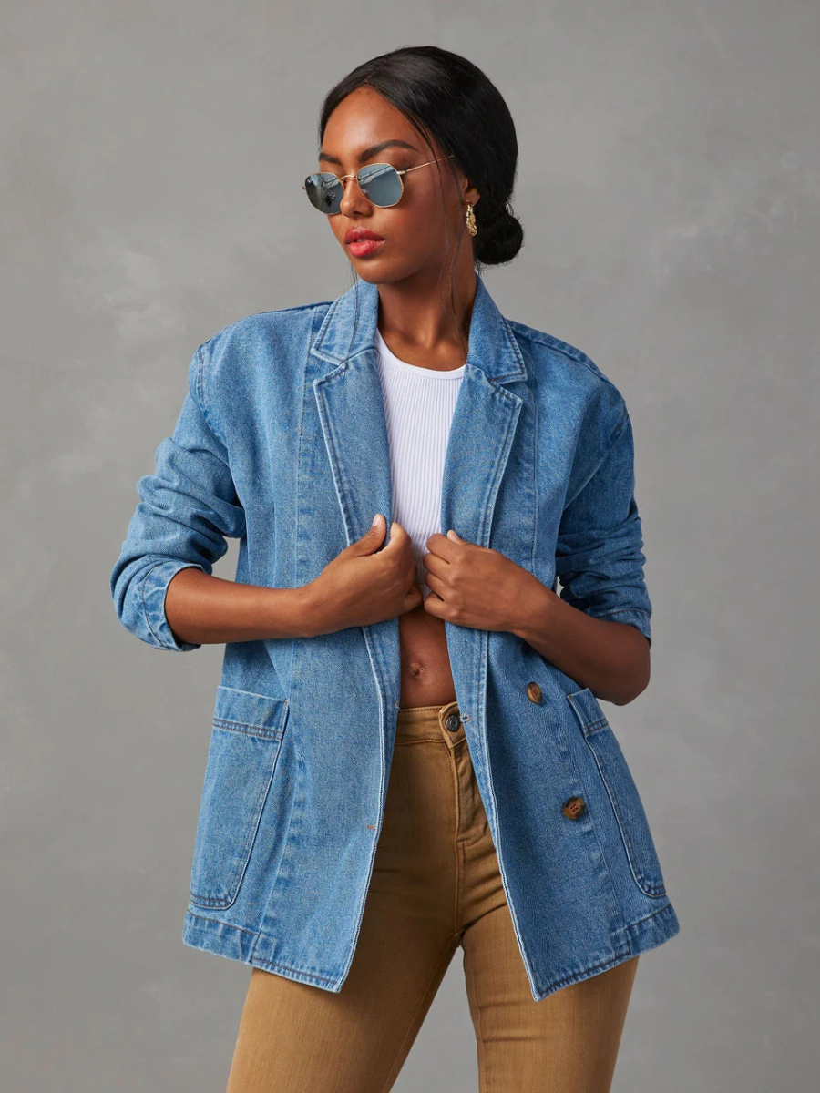 Dynever Pocketed Denim Blazer - Denim Blue
