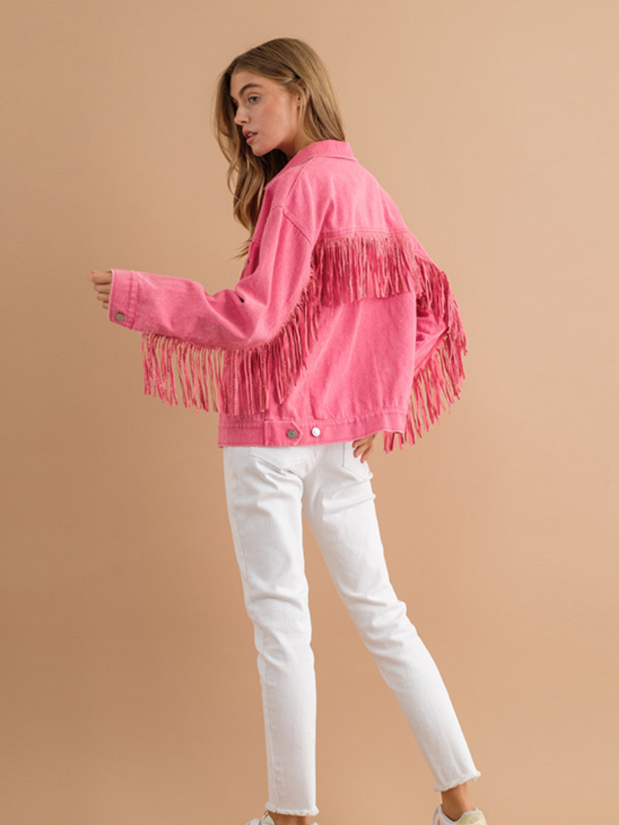 SEQUIN TASSEL WING RETRO DENIM JACKET - PINK