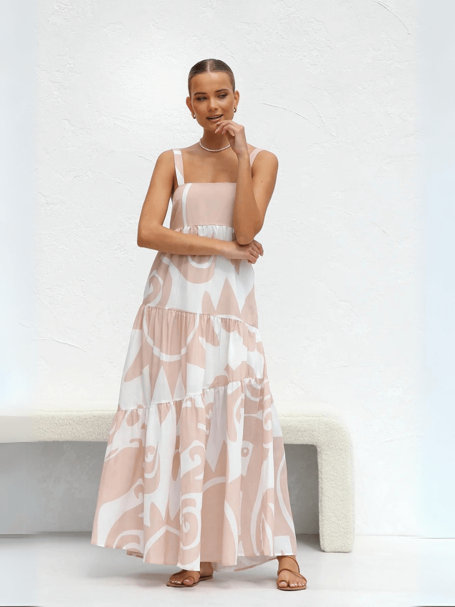 Jovienne Flowy Tiered Maxi Dress - Apricot
