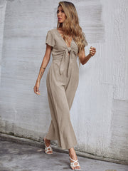 TOMMY BOW LINEN BLEND JUMPSUIT - APRICOT