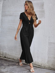 TOMMY BOW LINEN BLEND JUMPSUIT - BLACK