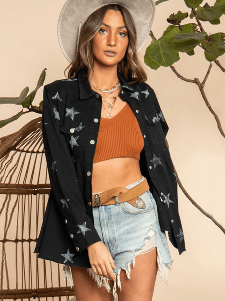 ALL ALIGNED FRAYED STAR DISTRESSED DENIM SHACKET - BLACK