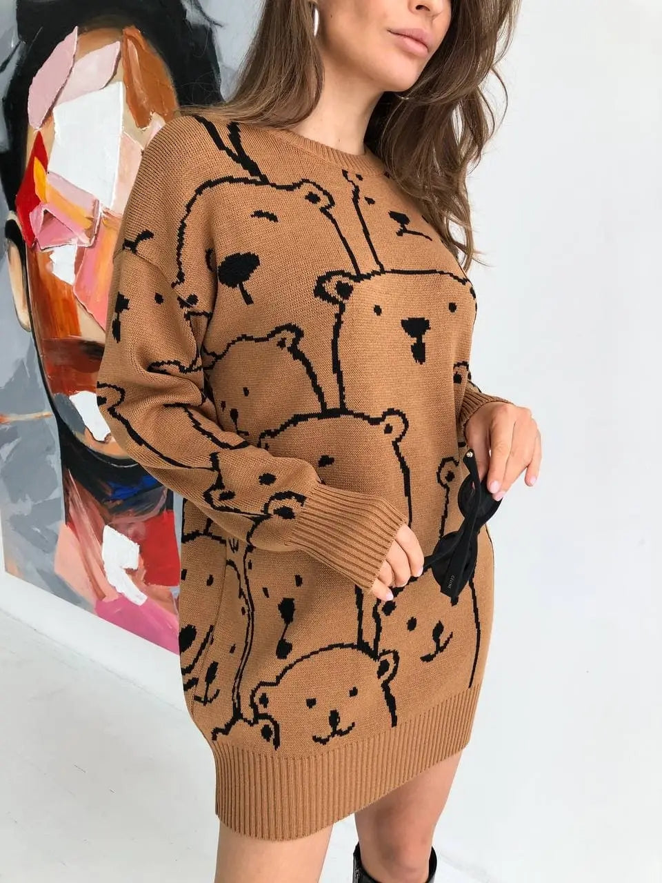 Smiley Polar Bear Brown Knit Sweater Dress