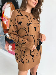 Smiley Polar Bear Brown Knit Sweater Dress