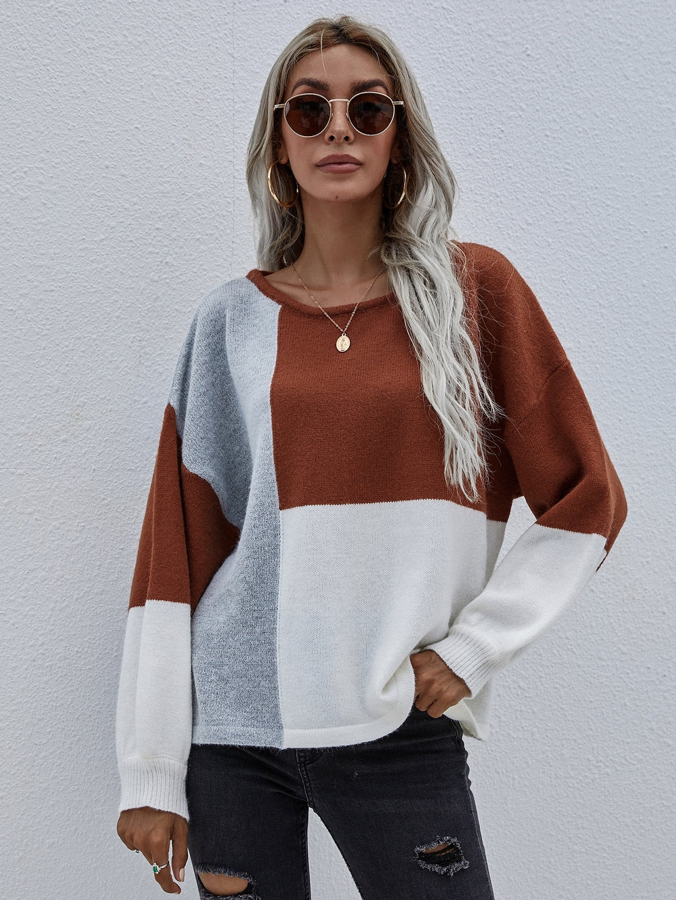 Color Block Pattern Knit Sweater - Brown