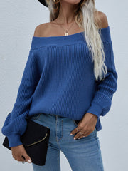 Navy Bell-Sleeve Off-Shoulder Knit Sweater