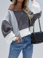 Color Block Pattern Knit Sweater - Grey