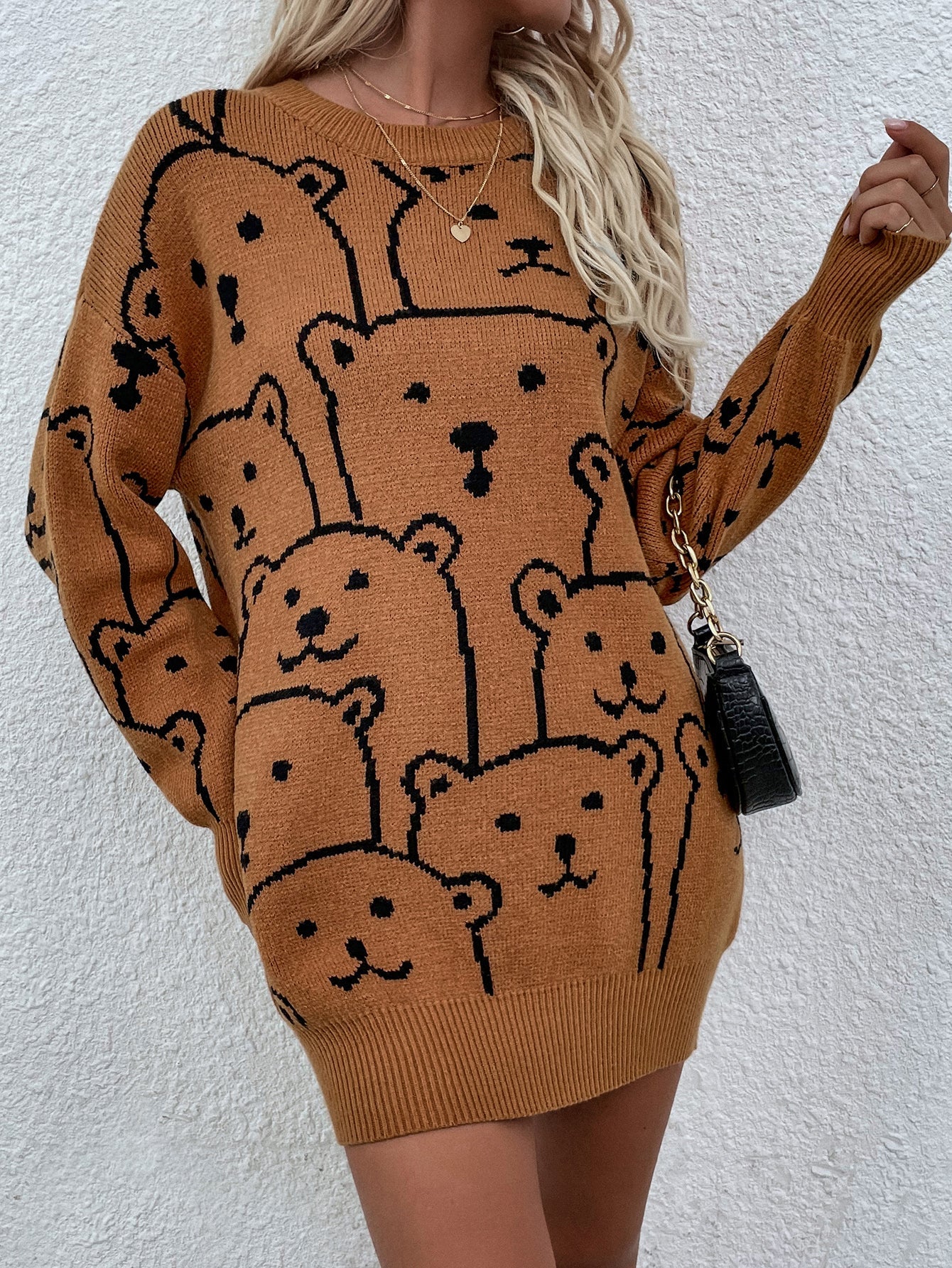 Smiley Polar Bear Brown Knit Sweater Dress