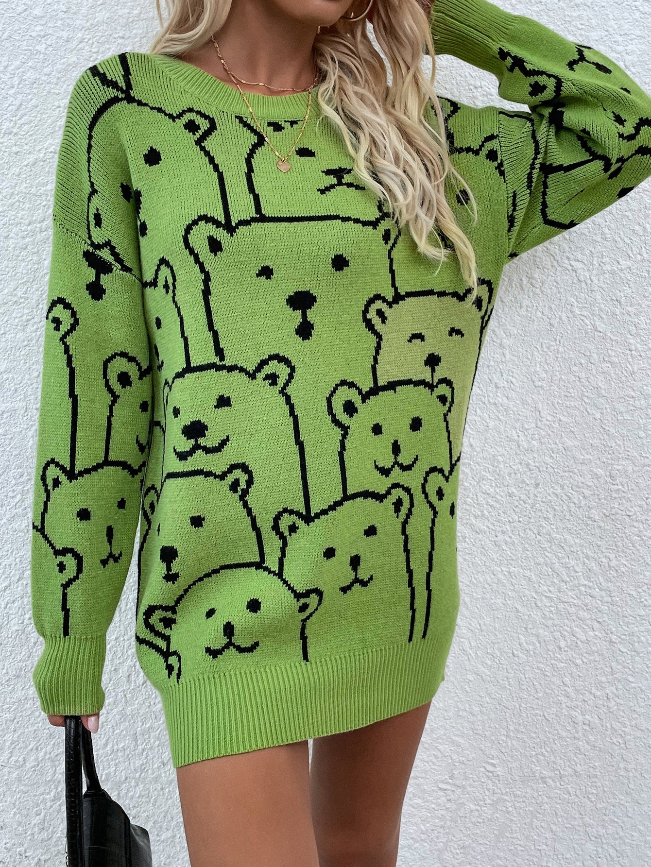 Green Smiley Polar Bear Knit Sweater Dress
