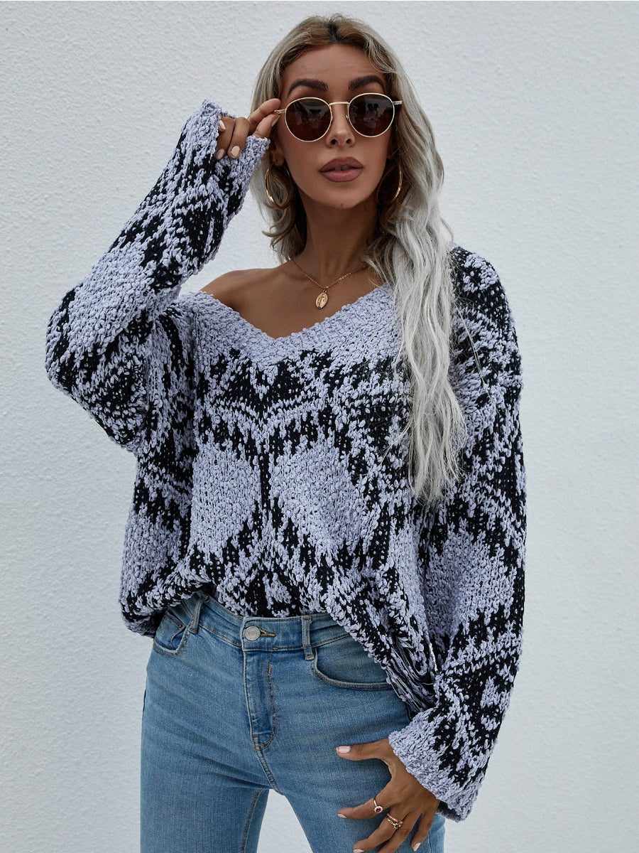 Geometric Pattern Lantern Sleeve Sweater - Grey