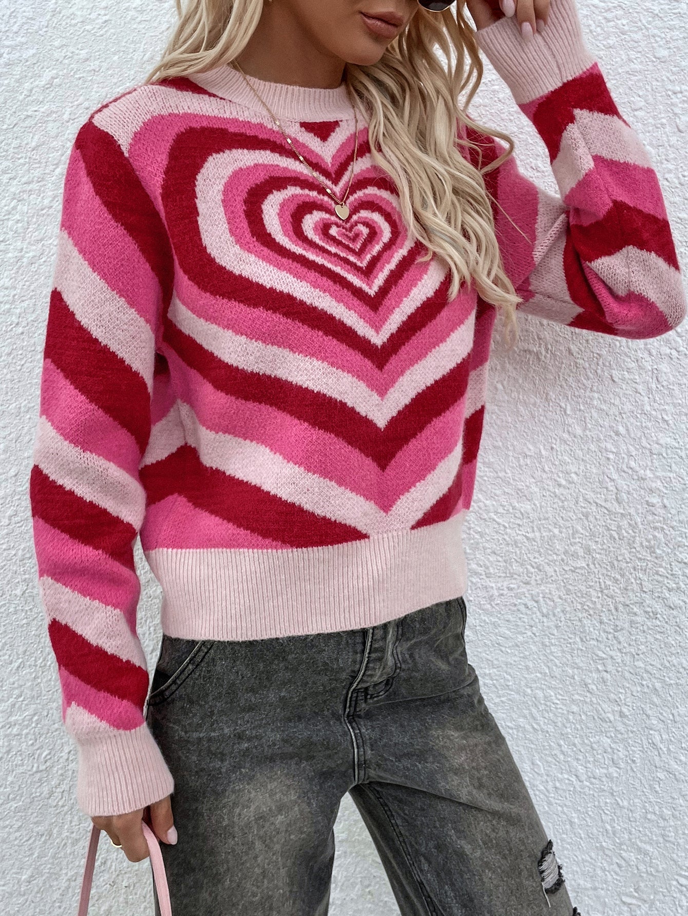 Pink Red Heart Ring Knit Top