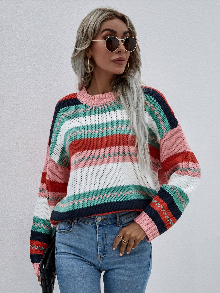 Stripe Color-Block Knit Long-Sleeve Top - Pink