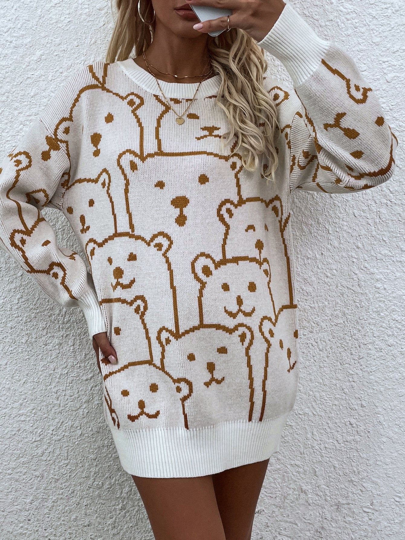 Cream Smiley Polar Bear Knit Sweater Dress