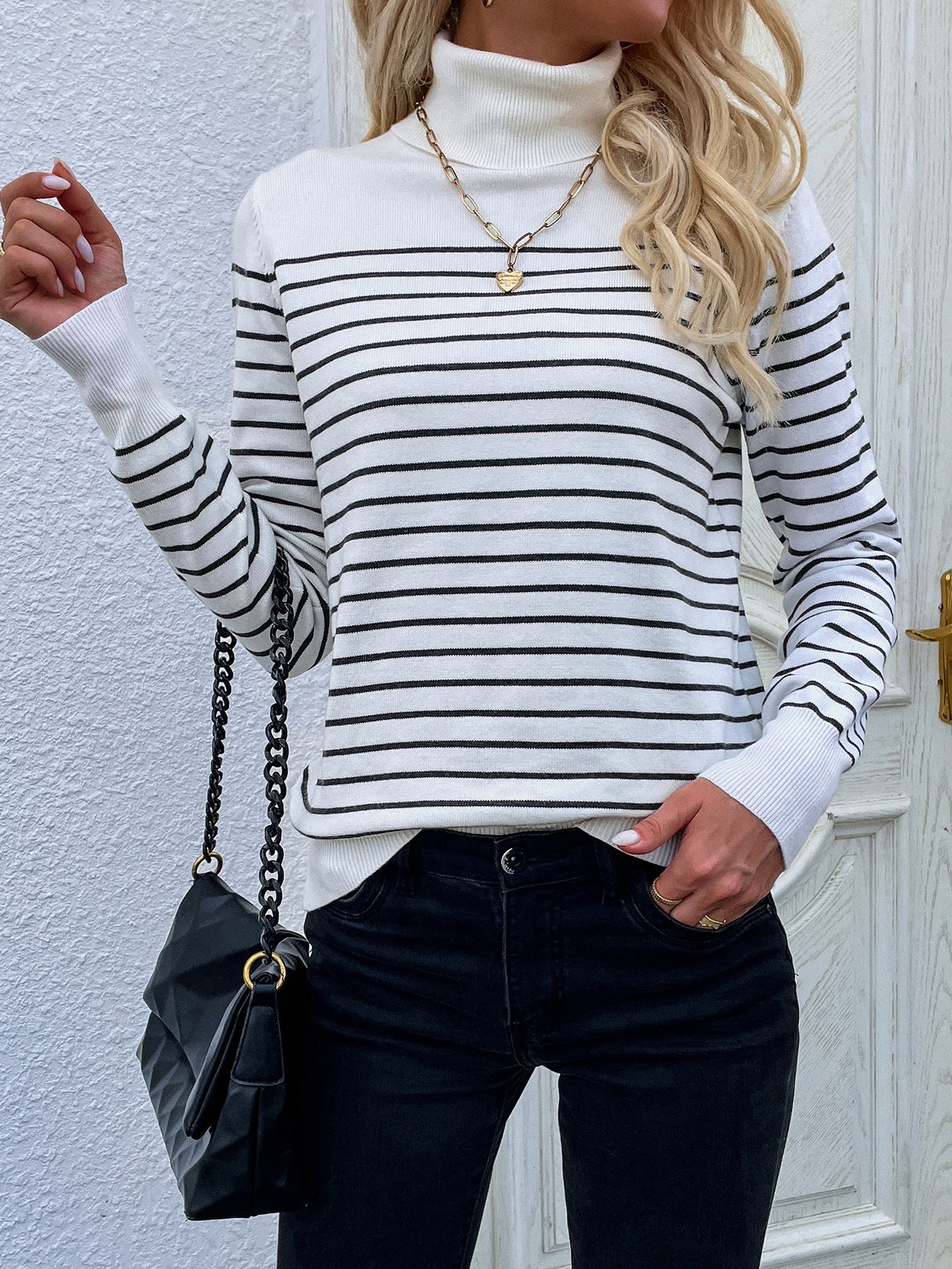 Cream Stripe Turtleneck Knit Top