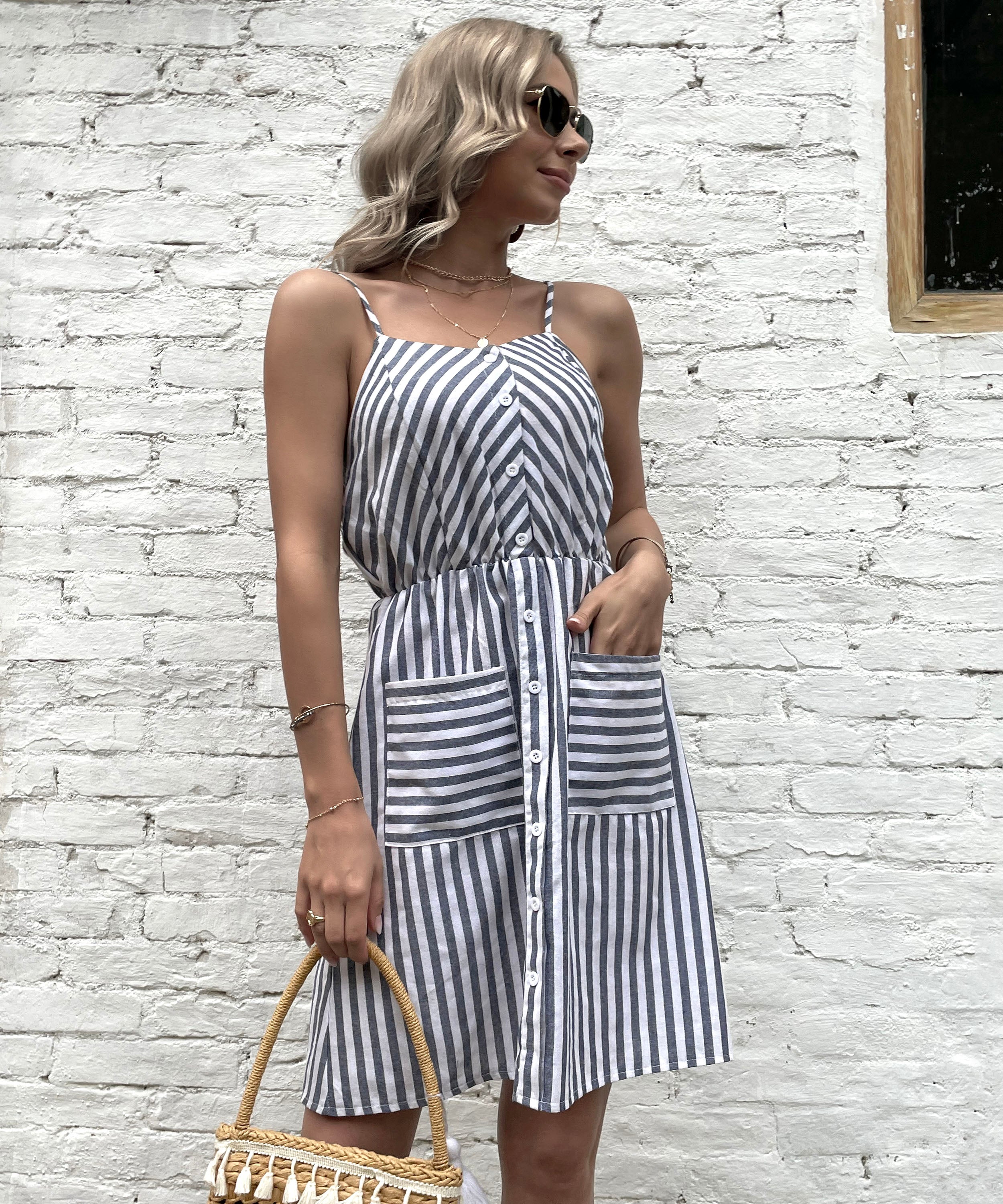 MADELYN LINEN DRESS - GRAY STRIPE