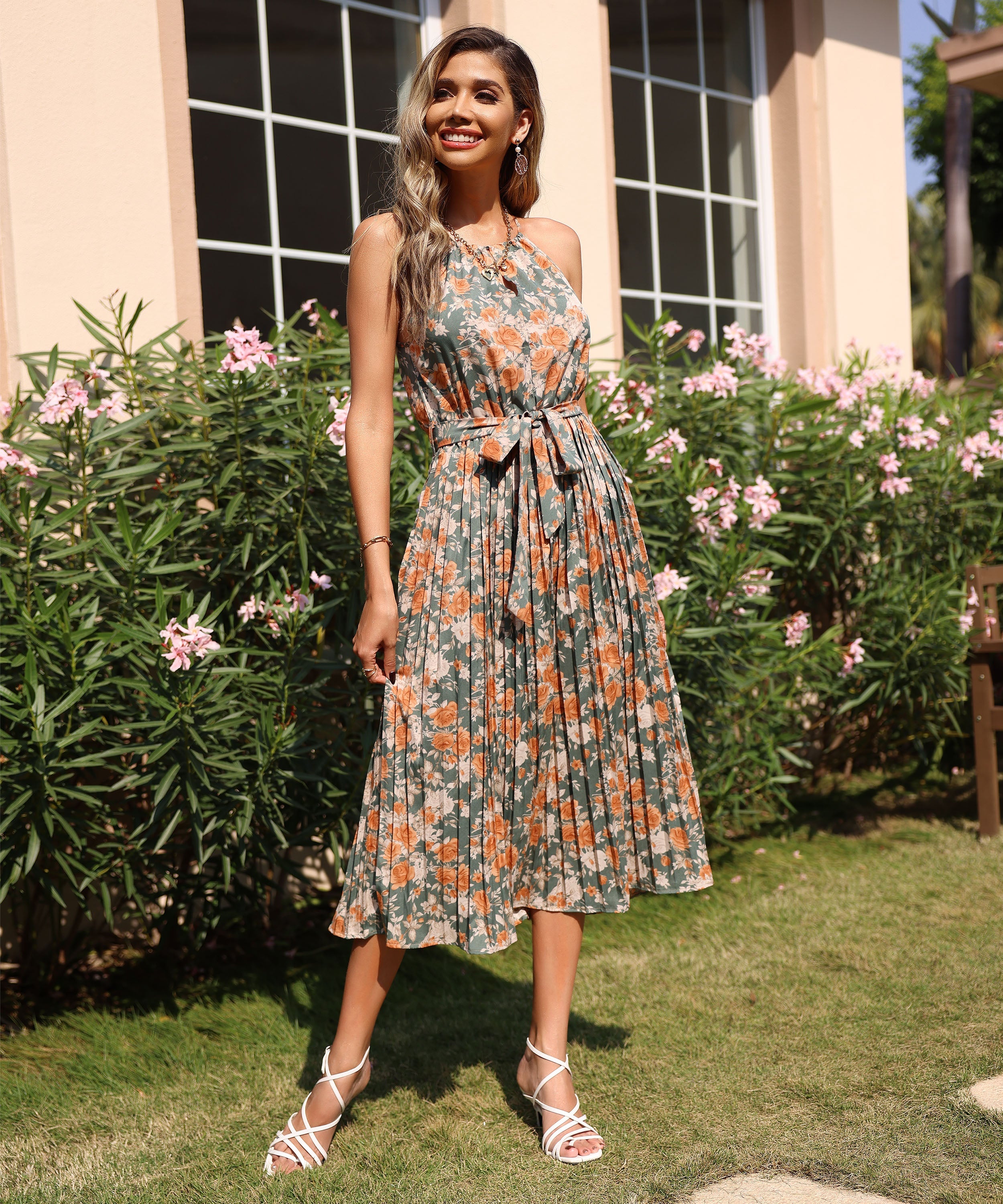 MARGOSHA HALTER DRESS - GREEN PRINT