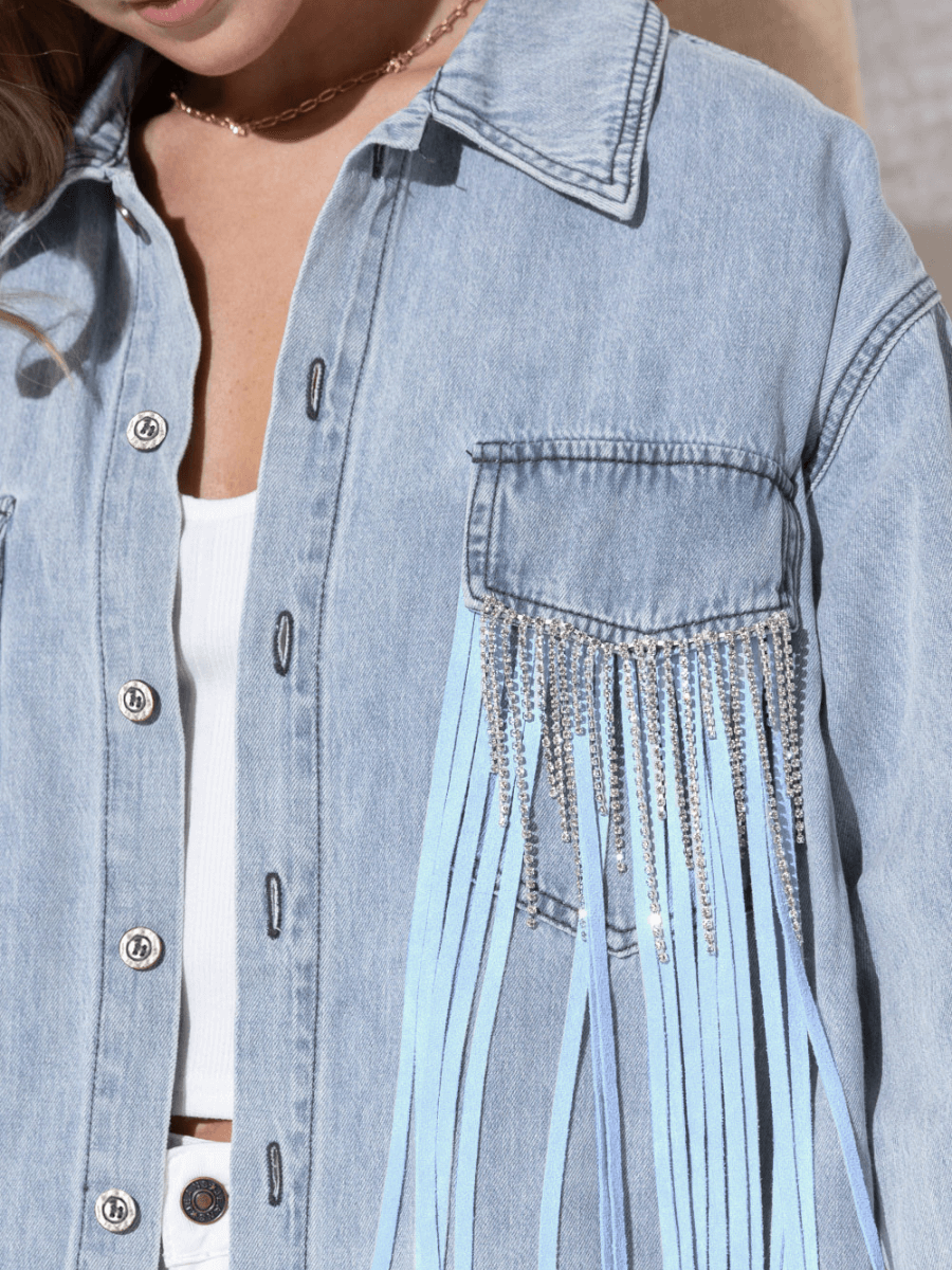KEEP ON SHINE TASSEL EMBELLISHED DENIM SHACKET - BLUE