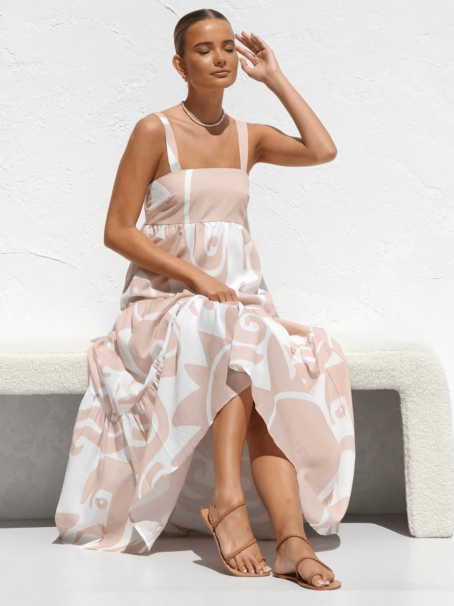 Jovienne Flowy Tiered Maxi Dress - Apricot