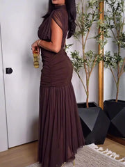 Chic Pleated Mesh Bodycon Maxi Dress