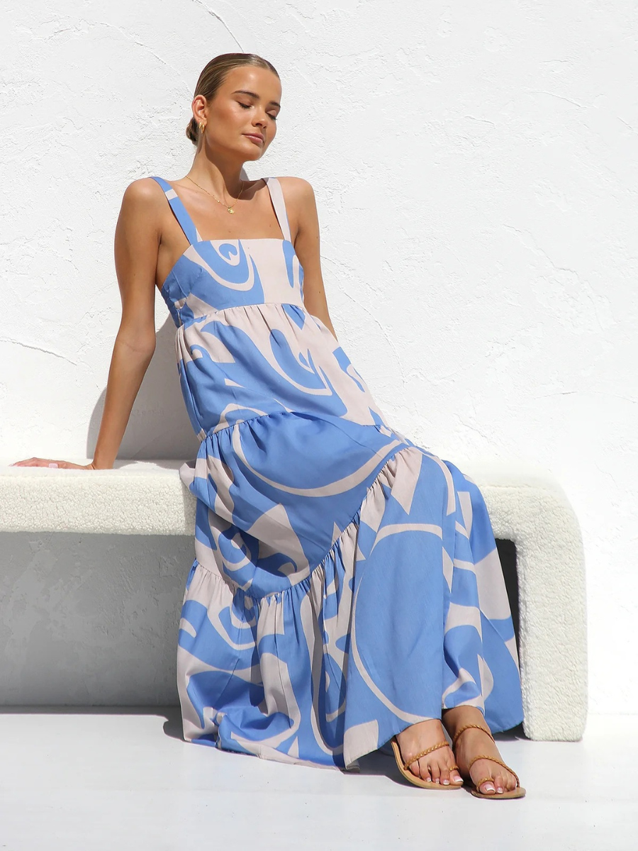 Jovienne Flowy Tiered Maxi Dress - Blue