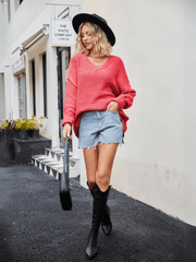 Hughes Heart Neck Knit Sweater - Coral