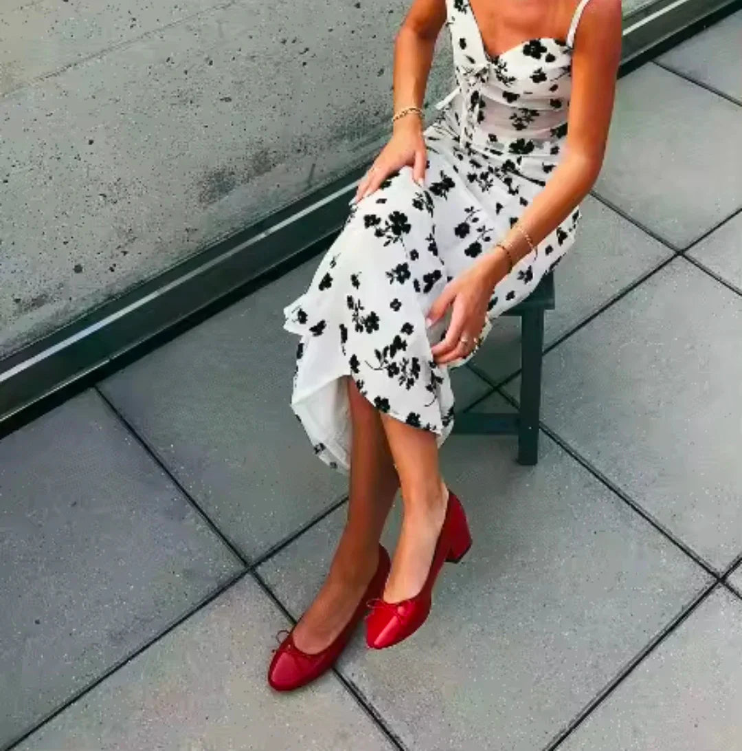 Round Toe Burgundy Cherry Red Ballet Shoes High Low Heel Bow Pumps Low Top Flat Patent Leather Small Red Shoes