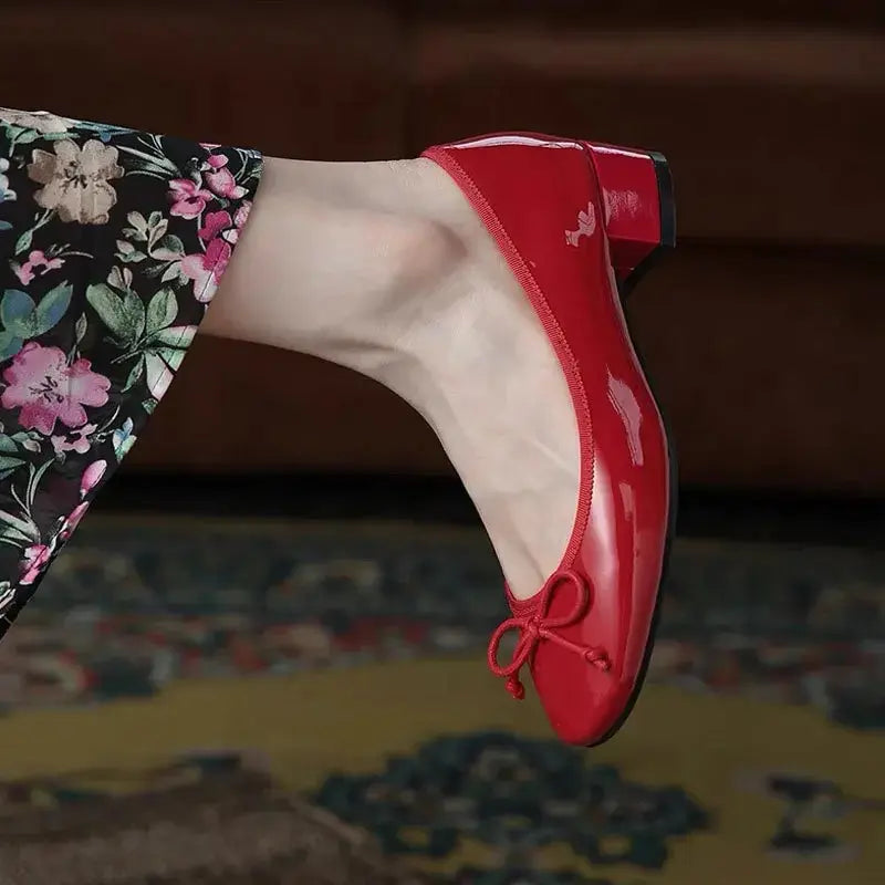 Round Toe Burgundy Cherry Red Ballet Shoes High Low Heel Bow Pumps Low Top Flat Patent Leather Small Red Shoes